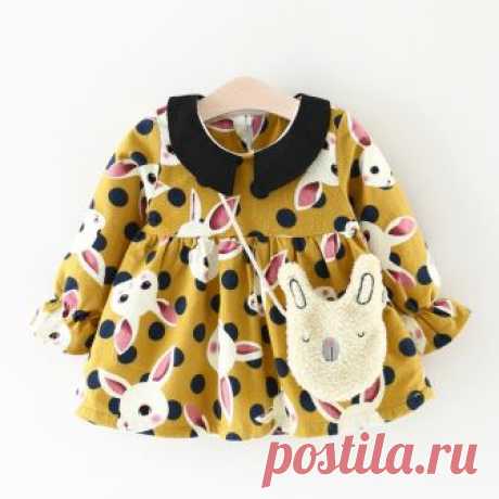 Adorable Rabbit Print Long-sleeve Dress with a Bag for Baby Girl | PatPat