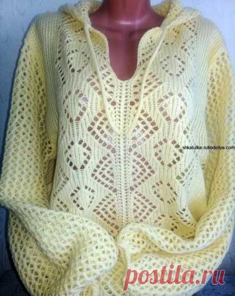 Летний пуловер с ромбами. Женский пуловер с капюшоном схемы