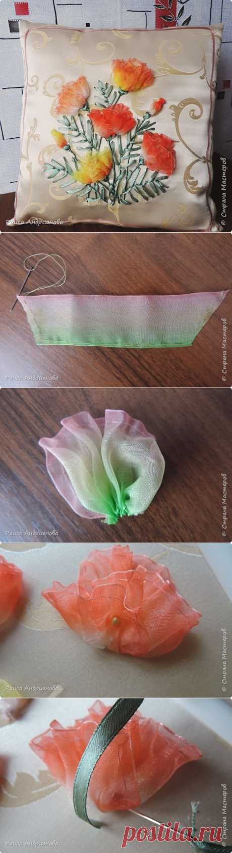 Эшшольция махровая из органзы. Вышивка на декоративной подушке. | Страна Мастеров