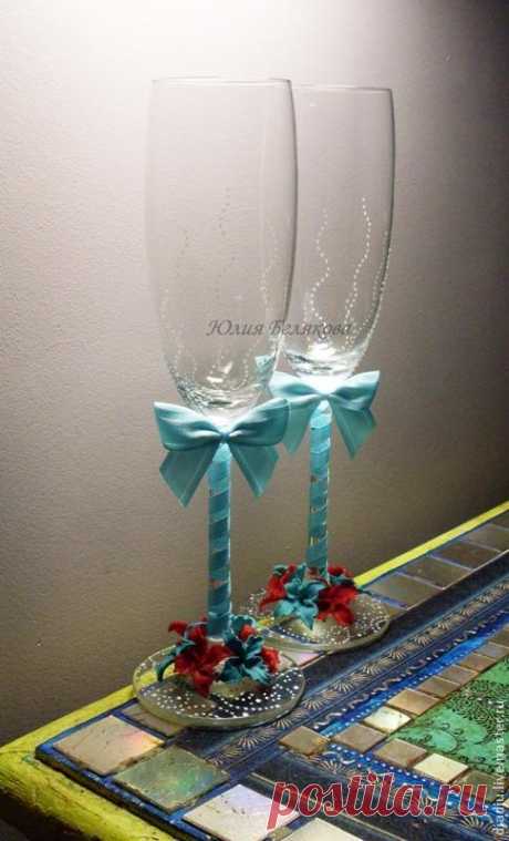 Свадебные бокалы, цветы из пластики - Ярмарка Мастеров - ручная работа, handmade