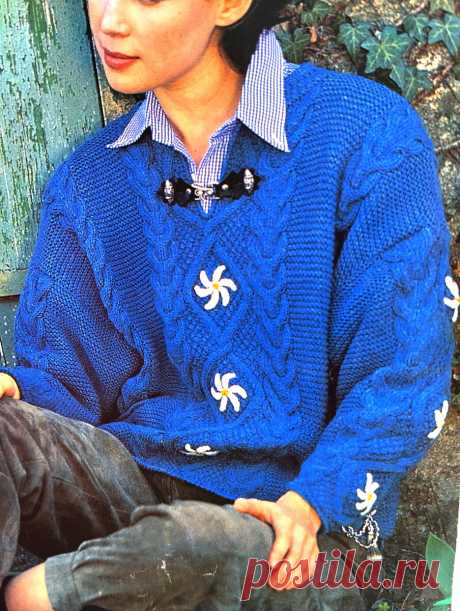 Синий пуловер с вышивкой | Стиль кантри | Newdok | Дзен