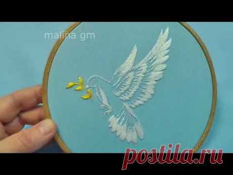 Hand embroidery White dove Long and short stitches &amp; stem stitch