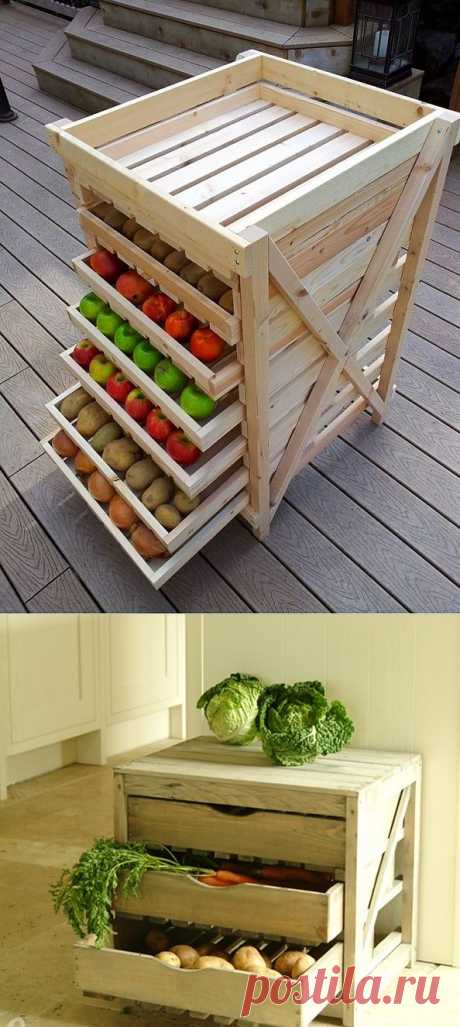 Интересный ящик для хранения урожая. 
Многие дачники ломают голову, где хранить выращенные тяжким трудом овощи и фрукты. Предлагаем вам идею вот такого ящика для хранения.