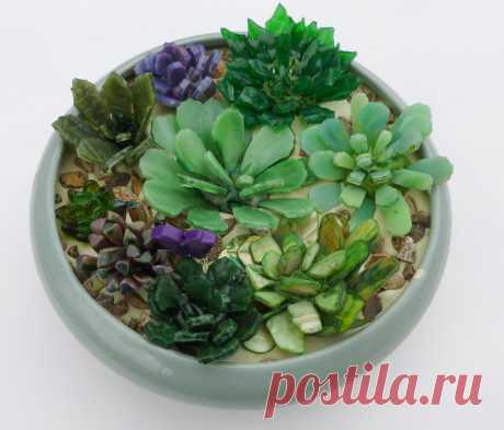 Dish Garden This little succulent garden was made with stained glass and Mother of Pearl succulents and is visited by a purple Magnesite butterfly, ceramic footed bowl, 8.5".