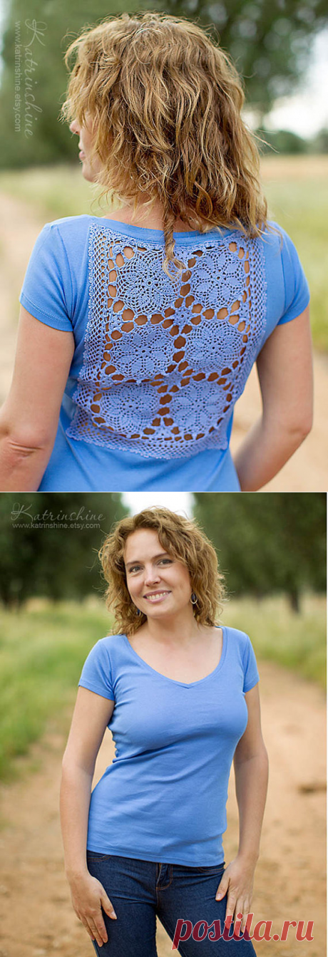 Lavender t-shirt with upcycled vintage crochet от katrinshine