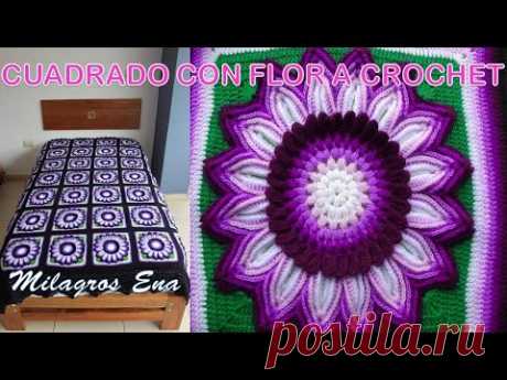 VIDEO COMPLETO de Cuadrado tejido a crochet para colchas y cojines con flores de diversos colores.