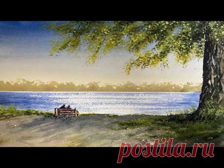 Как рисовать весеннее дерево и блики на воде. Акварель. How to paint spring lake bank. Watercolor.