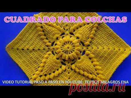 CUADRADO A CROCHET EN PUNTO HOJAS EN RELIEVES  y popcorn paso a paso