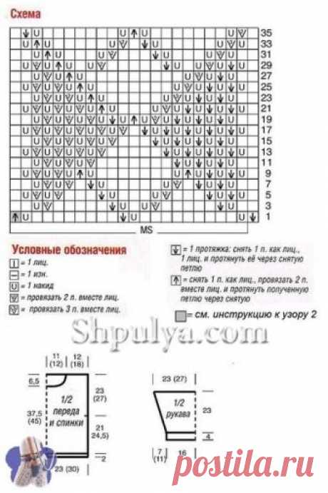 ПУЛОВЕР ИЗ АЖУРНЫЙ РОМБОВ, ВЯЗАНЫЙ СПИЦАМИ  

Размер: 36-40 (44-48) Вам потребуется: пряжа (78% хлопка, 22% полиестра, 100 м/50 г) 300(400) г серо-голубой, спицы № 5,5, круговые спицы № 5,5.
 
Узоры для вязания пуловера
Узор 1: платочная вязка – лицевые и изнаночные ряды – лицевые петли.
Узор 2: ажурные ромбы (число петель кратно 2 + 1 + 2 кром.) = вязать согласно схеме. На ней даны лицевые ряды. В изнаночных рядах все петлии накиды вязать изнаночными. Начать с 1 кромочной...