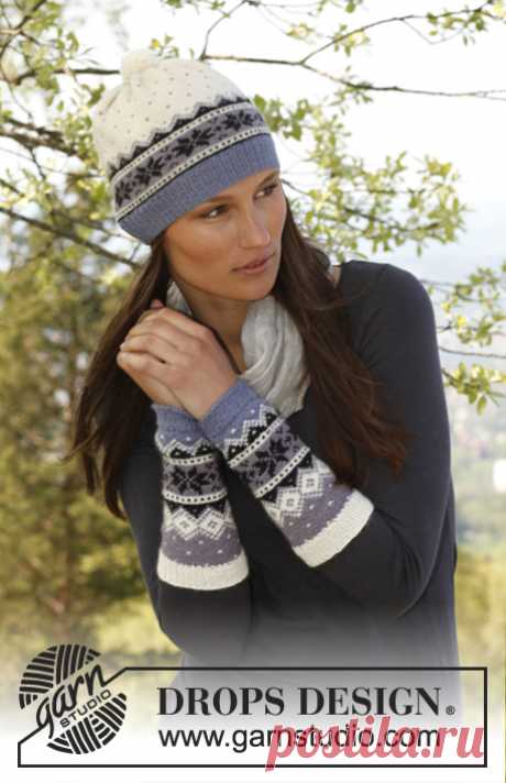 Chamonix - Knitted DROPS wrist warmers and hat with Norwegian pattern in ”BabyAlpaca Silk”. - Free pattern by DROPS Design