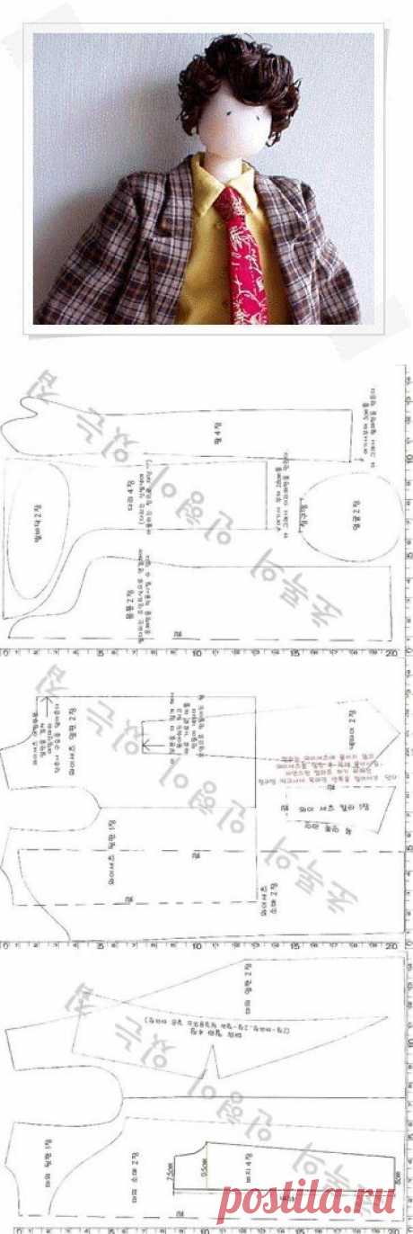 Выкройка куклы мужчины с одеждой (рубашка, пиджак и галстук)