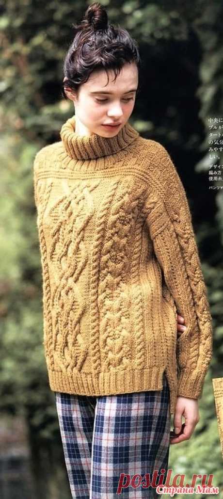 Теплый свитер с узором араны и удлиненной спинкой. Спицы. Keito Dama №191 Autumn 2021