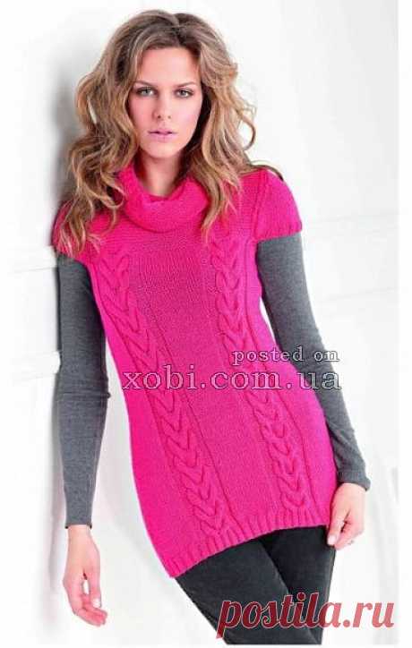 длинный вязаный розовый пуловер с коротким рукавом