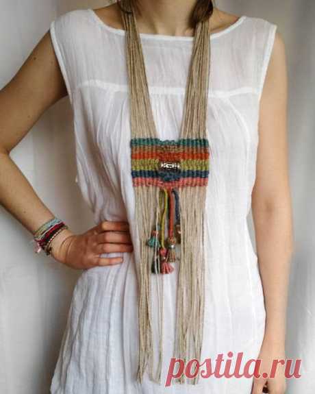 Artisan woven long breastplate necklace, silver beaded tribal nomad jewelry, hemp tapestry statement neckpiece, unique ethnic gift for women | Artisan, Textile…