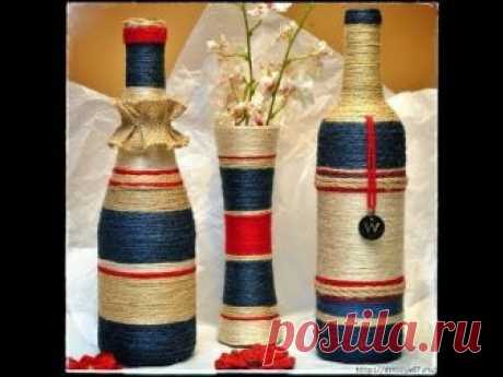 Декор бутылок. Bottle decoration Декор бутылок . Bottle decoration Очень красивые вазочки получаются из обыкновенных бутылок, если задекорировать эти бутылки шпагатом или цветной пряжей. Мно...