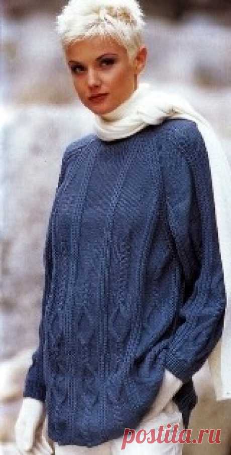Синий пуловер спицами. Приятных петелек