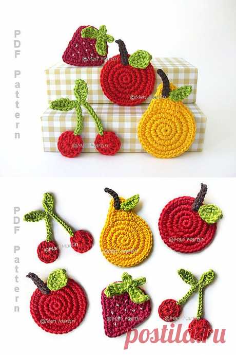 Crochet Fruit Applique Pattern Pear Apple Cherries от MariMartin