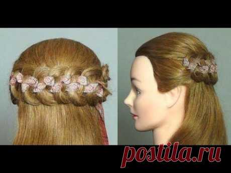 Прическа.  Коса с лентой &quot;Шахматка&quot;.  Checkerboard Braid Hairstyle