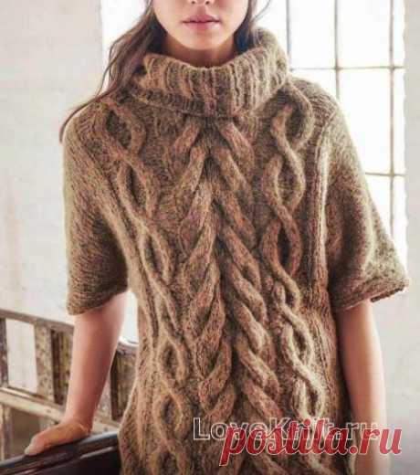 Пуловер с крупными косами и большим воротником схема спицами