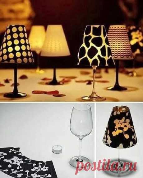 Миниатюрные светильнички для романтического вечера из бокала, свечки и декоративной бумаги / Необычные поделки