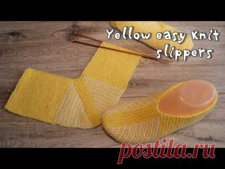 Желтые следки на двух спицах | Yellow easy knit slippers pattern