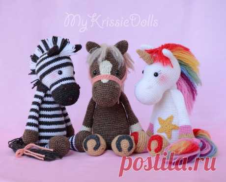 Три игрушки по одной схеме вязания: лошадка, зебра, единорог