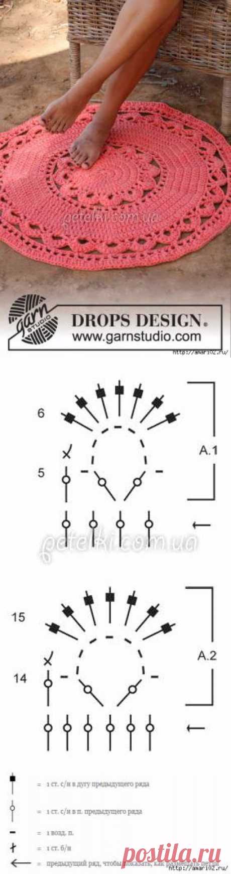 Коврик крючком..
Вам потребуется:
- Пряжа DROPS PARIS от Garnstudio (100% хлопок; 74м/50г) - 700 г (диаметр ~ 83 см.)
- Крючок 8 мм.

Плотность вязания: 8 ст. с/н в ширину, 4.5 ст. с/н в высоту в 3 нити = 10 x 10 см.

Коврик можно связать любого размера. Маленький - (диаметр ~83 см.), большой - (диаметр ~125 см.) Для маленького понадобится 700 гр. пряжи, для большого 1300 гр.