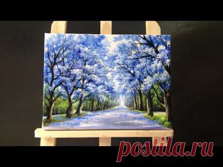 Pretty tree line road acrylic painting