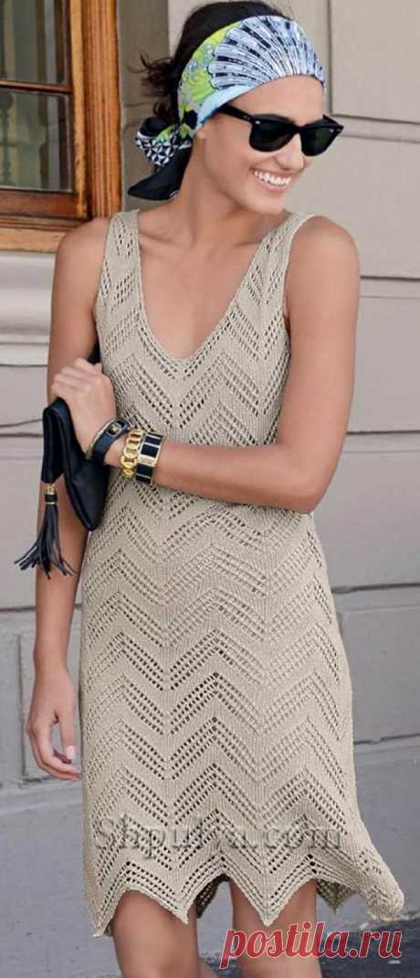www.SHPULYA.com - Бежевое платье с ажурным узором спицами