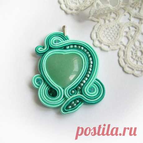 (1) Mint green heart soutache pendant soutache jewelry for by Savvanah, $39.00 | сутаж