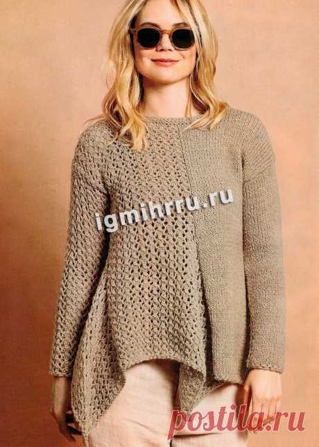 Асимметричный бежевый пуловер с ажурным узором. Вязание спицами со схемами и описанием