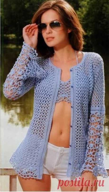 Летний жакет крючком с ажурными рукавами. Summer crochet jacket with openwork sleeves | Домоводство для всей семьи.