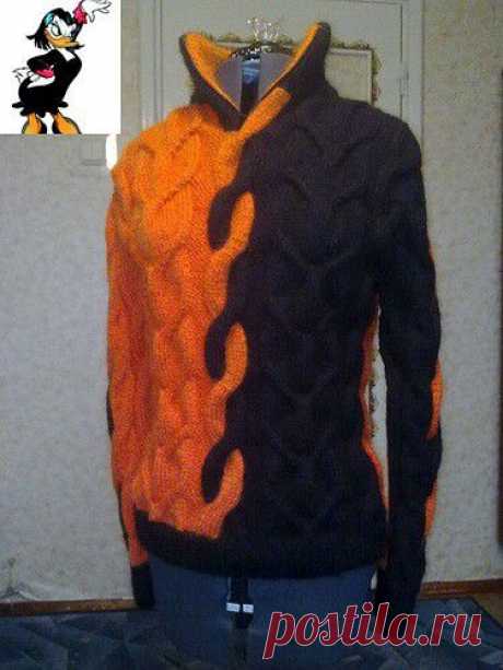 Мужской двухцветный свитер с миланскими косами. Вязание спицами |