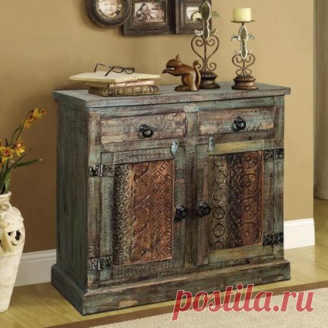 Coast to Coast 39526 Accent Cabinet с индийскими печатными блоками, вставленными в каждую из двух дверей, два ящика, тяжелое металлическое оборудование и внутреннюю полку в проблемном соединении дерева манго / бытовой техники