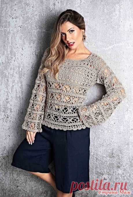 Ажурный бежевый пуловер Bata Glamour. | Женская одежда крючком. Схемы и описание Этот пуловер выполнен красивыми ажурными узорами и смотрится очень нарядно.Пряжа хлопок 300-350 м в 50 гр. Размер 38\40