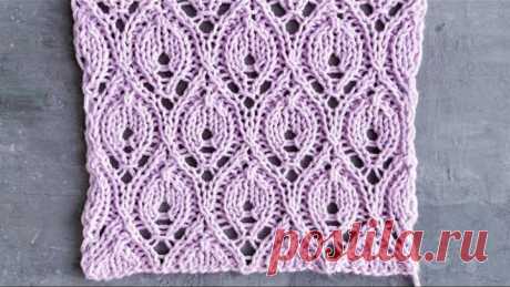 Интересный ажурный узор спицами с листиками для вязания палантина, пледа, пуловера
