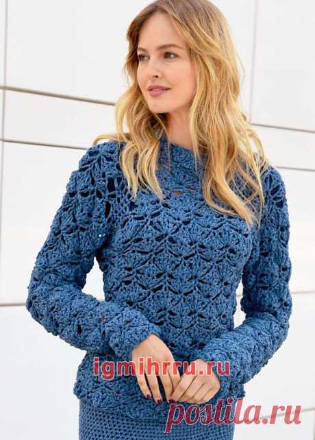 Синий теплый пуловер крупной вязки (крючок)