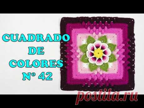 Como tejer el Cuadrado o muestra de colores N° 42 a crochet para colchas y cojines paso a paso