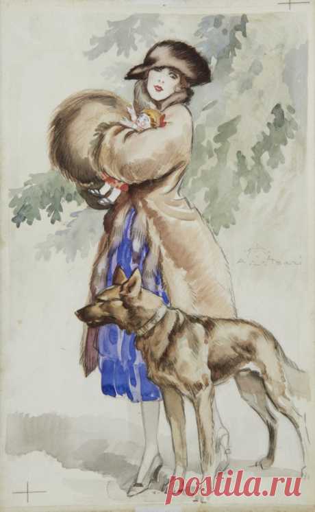 Aleardo Terzi - An Elegant Lady Walking Her Dog - t4422 | TiPiTi.info