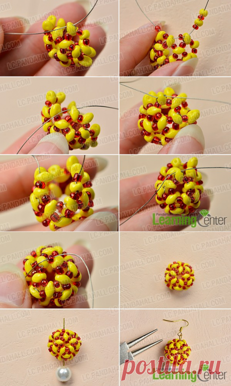 Pandahall Tutorial - How to Make a Pair of Yellow 2-Hole Seed Bead Ball Earrings - Pandahall.com