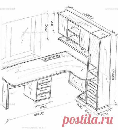 Стол для занятий для двоих с пеналом в Молдове. Эскизы и чертежи мебели от Creamondi.
