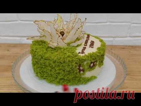 Декор торта бисквитным мхом. Цветок из рисовой бумаги. Медовик