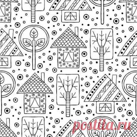 Vector hand drawn seamless pattern, decorative stylized black and white childish houses, trees. Doodle sketch style, graphic illustration, background. Ornamental cute hand drawing. Line drawing. 123RF - Миллионы стоковых фото, векторов, видео и музыки для Ваших проектов.