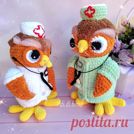 PDF Сова Доктор крючком. FREE crochet pattern; Аmigurumi toy patterns. Амигуруми схемы и описания на русском. Вязаные игрушки и поделки своими руками #amimore - плюшевая сова в образе доктора, совушка врач, совёнок из плюшевой пряжи, птица, птичка.