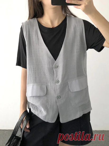 Simple Casual Linen Solid Color V-Neck Vest Outwear