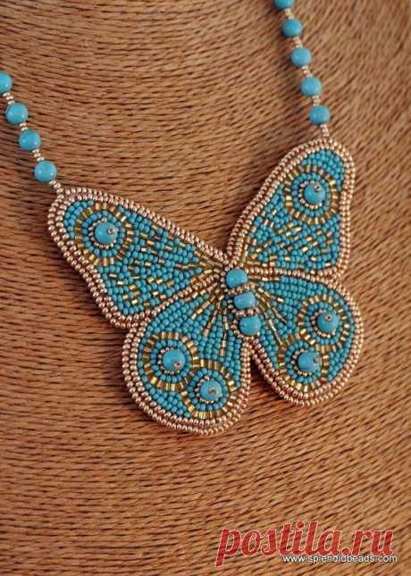 Bead Embroidery Necklace - Turquoise and Gold - Handmade - Bead Embro…