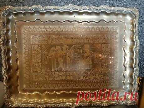 ANTIQUE PERSIAN SOLID BRASS SILVER OVERLAY CAIROWARE MIDDLE EASTERN TRAY.    | eBay ANTIQUE PERSIAN SOLID BRASS SILVER OVERLAY CAIROWARE MIDDLE EASTERN TRAY . MEASURES 14.5"..X. 10.5"..X .75"THE DETAIL ON THIS IS ABSOLUTELY AMAZING. THE THEME TO THE TRAY DESIGNS ARE "MUSIC TO THE KING"  COLORS,SILVER,PRIMARY BRASS.WHEN THE LIGHT TOUCHES THIS TRAY THE SILVER OVERLAY AND BRASS ARE VERY DISTINCTLEY DIFFERENT AND EYECATCHING.  AN BE DISPLAYED BY HANGING IT,HAS A H...