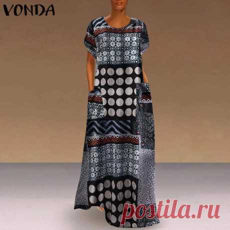 Модное осеннее платье VONDA, женские платья с круглым вырезом, лоскутный сарафан, повседневное винтажное платье с принтом, платье из хлопка и льна, сарафаны|Платья| | АлиЭкспресс