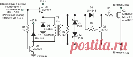 Трансформатор управления затвором обеспечивает быстрое выключение MOSFET. Показанная на Рисунке 1 конструкция позволяет сигналу, управляющему MOSFET, иметь коэффициент заполнения от 50% до 0%, обеспечивая при этом высокую скорость выключения, недостижимую с помощью простого нагрузочного резистора.