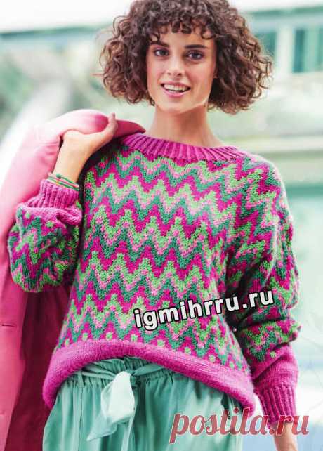 Пуловер с зигзагообразным узором в стиле Миссони. Вязание спицами со схемами и описанием